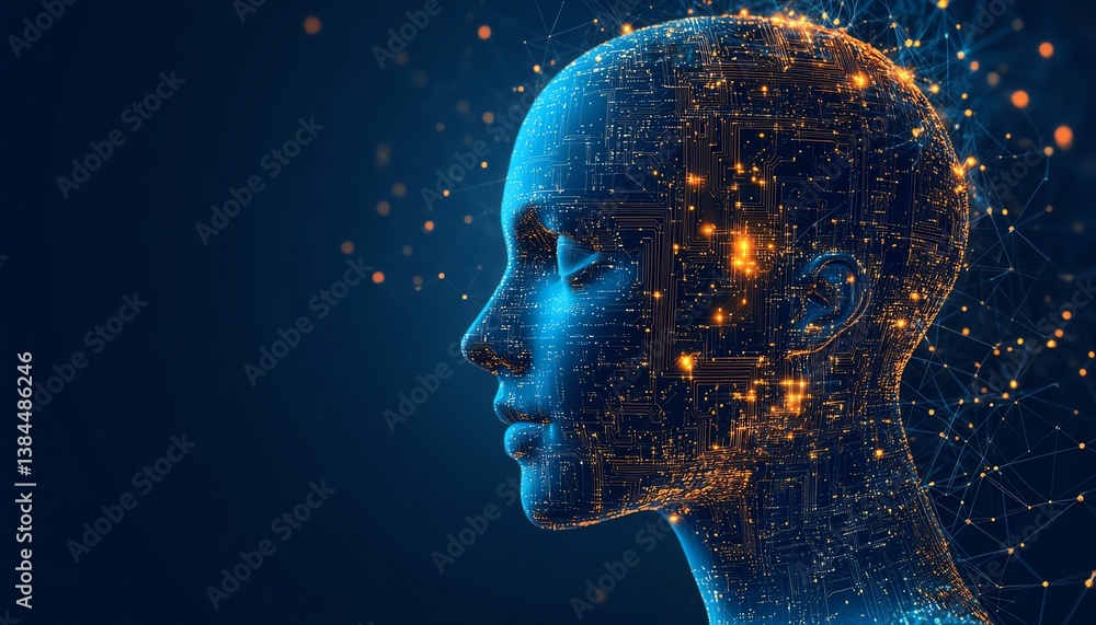 Poster 3d visualization of a human head with a circuit board inside, symbolizing ai and digital connections