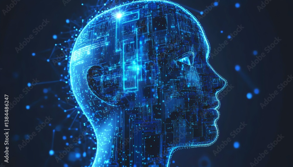 Poster 3d visualization of a human head with a circuit board inside, symbolizing ai and digital connections