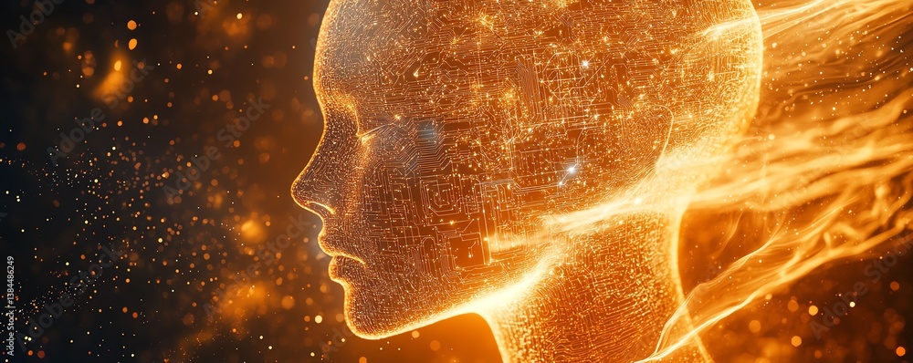 Aufkleber 3d rendered human head with ai neural connections and circuit board inside, glowing tech patterns, v