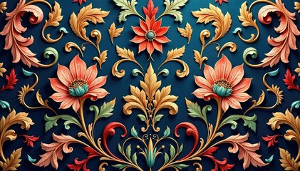 Obraz premium Intricate woven floral damask, elegant swirls and leaves , classic, wallpaper design, interior design