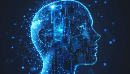 3D visualization of a human head with a circuit board inside, symbolizing AI and digital connections, technology web and virtual background, futuristic design, Midjourney style