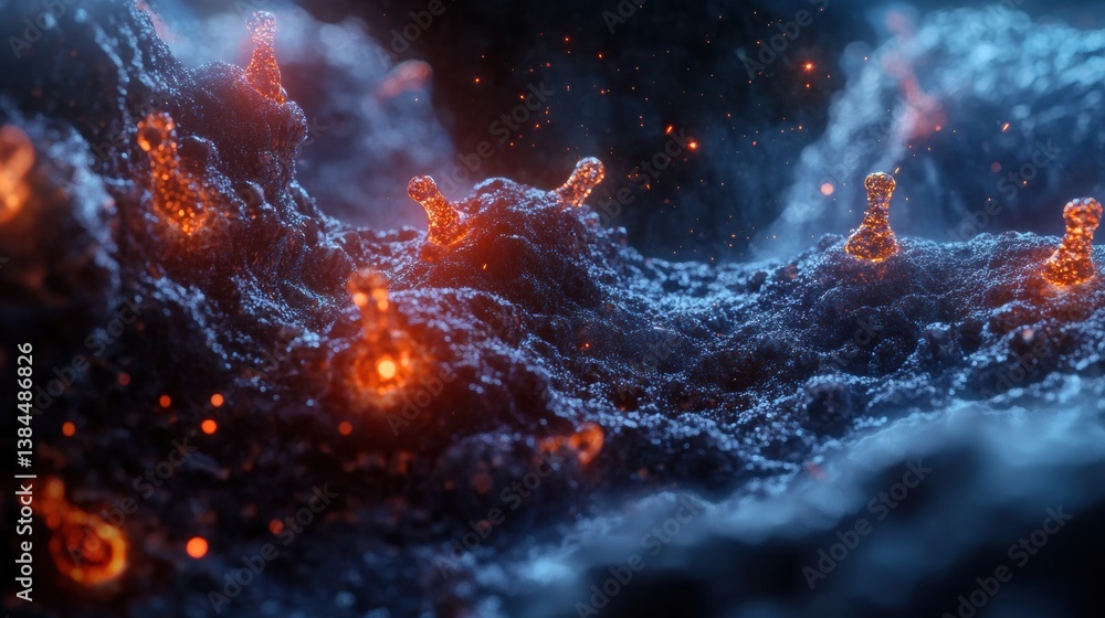 Poster Detailed 3D illustration of adeno-associated virus showcasing molecular structure and bioluminescent elements in a fluidic environment