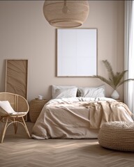 Scandinavian Minimalist Bedroom Interior with Wicker Furniture and Soft Natural Lighting