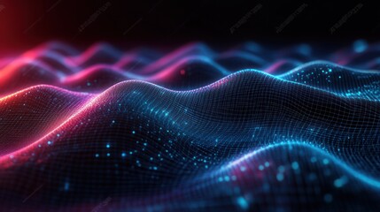 Futuristic Digital Landscape with Wireframe Waves and Neon Lighting in Cyberpunk Style
