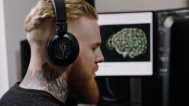 Person with headphones engages in focus and concentration during a brain scan analysis session in a modern study space