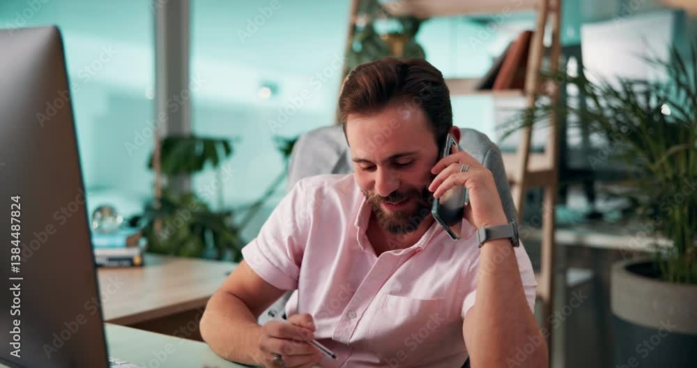 Aufkleber Computer, phone call and writing with man coding software in office for launch or testing. Design, programming and wed development with coder at desk in workplace as infrastructure programmer