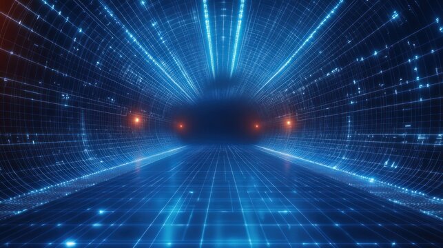 Futuristic Grid Tunnel Glowing Blue Wireframe Digital Cyberpunk Aesthetics Ambient Lighting 3D Perspective Technology Background