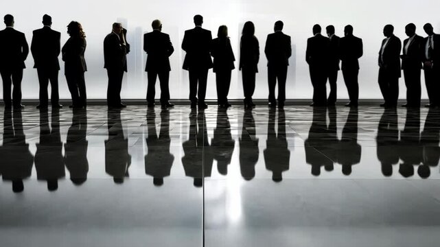 Silhouettes of business professionals standing in line against a bright backdrop during a networking event in a modern office space