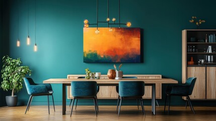 A blue and orange framed painting hangs on a wall in a room