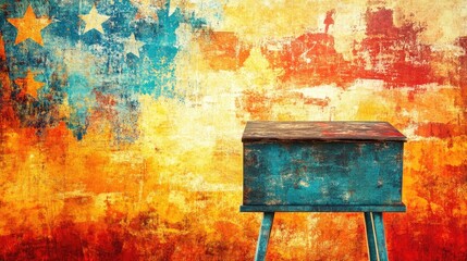 Aged teal wooden box against a vibrant, textured patriotic backdrop