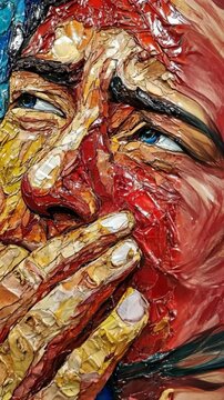 Emotional portrait of a distressed person with textured paint details in vibrant colors