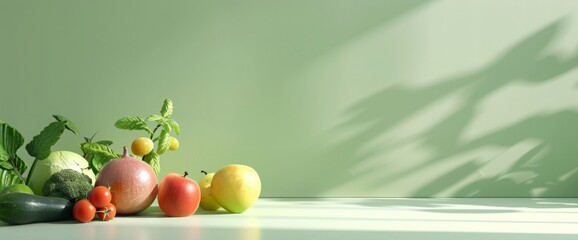 The template for designing with front angle on light green background. Fresh vegetables and fruits scattered placed on counter, empty space for product advertising and placement