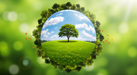 Vibrant Green Tree in a Globe with a Lush Meadow and Blue Sky with Puffy Clouds in an Environmental Concept