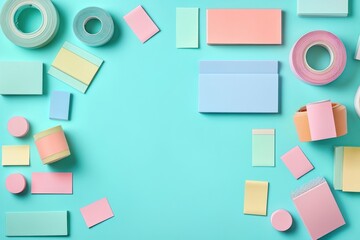 Pastel Stationery Items with Sticky Notes and Tape on Teal Background for Back to School Concept