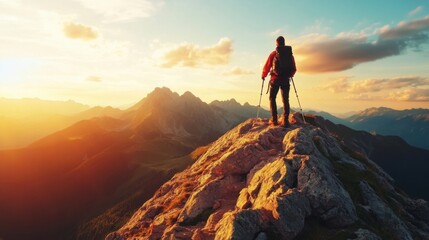Fototapeta premium The hiker reaches the mountain peak after hours of climbing