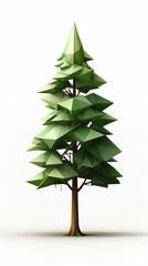 A tall slender low-poly pine tree rendered in shades of green stands isolated on a bright white background showcasing its geometric polygonal design and simple elegance.