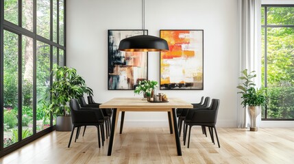 A large dining table with a black chair at each end
