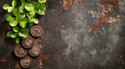 Fresh greenery and coins on rustic surface