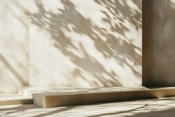 Brown Product Display Podium with Abstract Nature Shadow on Beige Background 3D Rendering