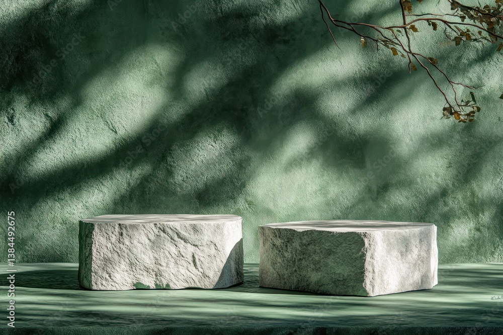 Poster minimalist stone pedestal display with dappled shadows and soft green background