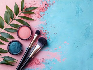 "Colorful Makeup Brushes and Powders on Pastel Background"