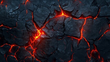 Molten rock fissures flow through dark volcanic basalt.  Fiery magma seeps through fractured, hardened stone.  Intense heat radiates from the glowing lava