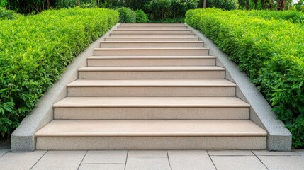 A serene set of stone stairs flanked by lush green hedges, perfect for illustrating concepts of progress, access, or tranquility, Ideal for landscaping, architecture, or outdoor lifestyle themes,