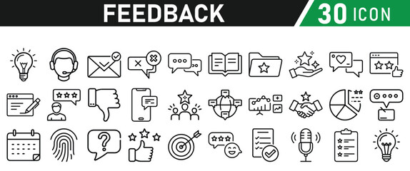 Feedback Concept Thin Line Icon Set. Contains Testimonial, Survey, Questionnaire, Satisfaction, Comment, Performance, Icons collection