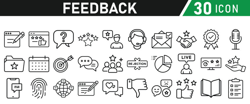 Feedback Concept Thin Line Icon Set. Contains Testimonial, Survey, Questionnaire, Satisfaction, Comment, Performance, Icons collection