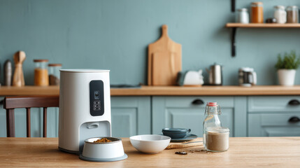 Pet feeder with digital timer and camera in cozy kitchen setting