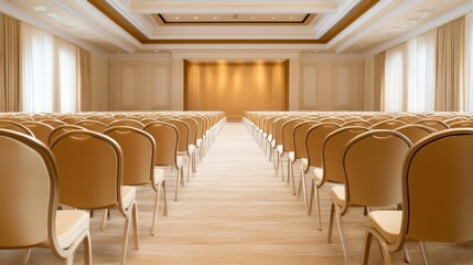 Fototapeta premium A spacious, well-lit conference room featuring rows of elegant chairs facing a stage, ideal for speeches, meetings, or presentations, The warm tones create a welcoming atmosphere for attendees,