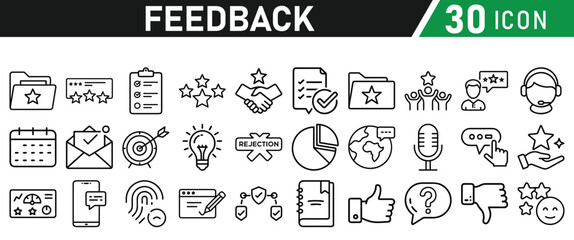 Feedback Concept Thin Line Icon Set. Contains Testimonial, Survey, Questionnaire, Satisfaction, Comment, Performance, Icons collection