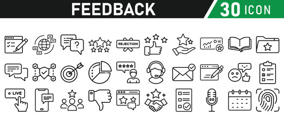 Feedback Concept Thin Line Icon Set. Contains Testimonial, Survey, Questionnaire, Satisfaction, Comment, Performance, Icons collection