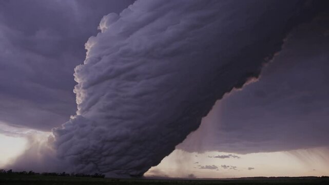 Powerful tornado descending on flat plains