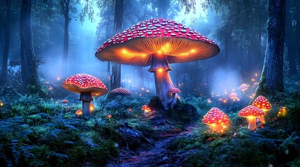 A magical enchanted forest scene features glowing red mushrooms with white spots illuminating a mystical path among ferns and fog at night.