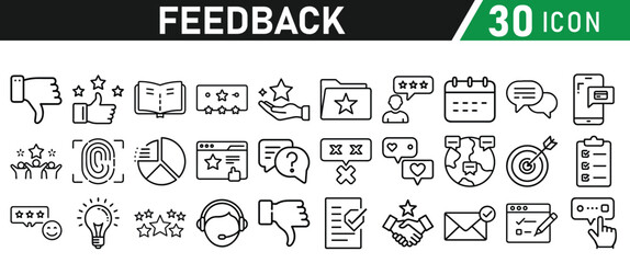Feedback Concept Thin Line Icon Set. Contains Testimonial, Survey, Questionnaire, Satisfaction, Comment, Performance, Icons collection