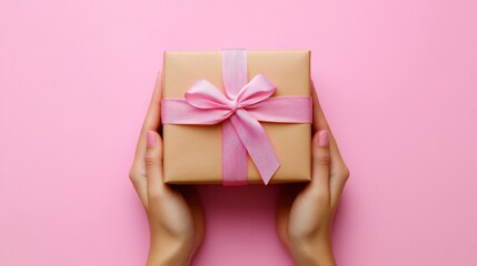 Close-up of hand holding ribbon-tied gift box on solid background, studio setup, photorealistic, 2/3 frame for text. High-resolution.