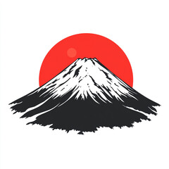 A stylized illustration of a snow-capped mountain with a large red sun and surrounding clouds, evoking serenity and natural beauty in a minimalistic design.