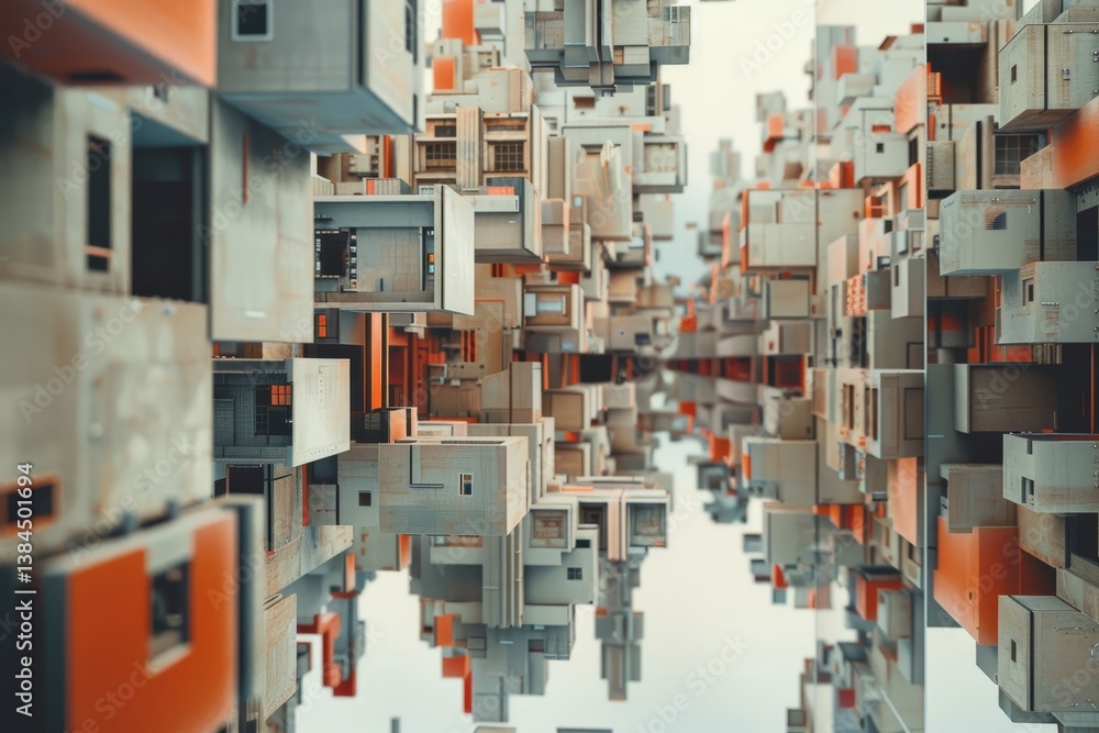 Poster a digital rendering of a futuristic cityscape composed of interconnected geometric structures floati