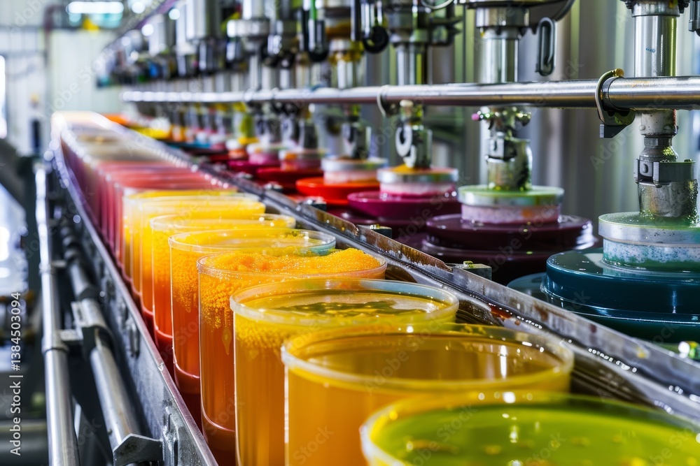 Poster close-up of colorful liquids on a factory conveyor belt - manufacturing in progress, capturing the c