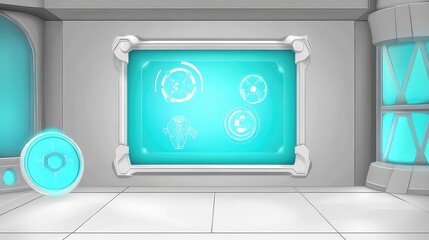 Futuristic control room with holographic display panel