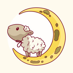 Cute lamb on the crescent moon cartoon vector illustration. Animal character for kids t-shirt, sticker, drawing, coloring book page
