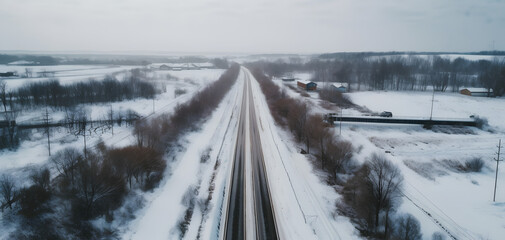 Aerial view of a straight highway cutting through a snowy landscape, lined with bare trees and a bridge in a subdued, overcast winter scene.