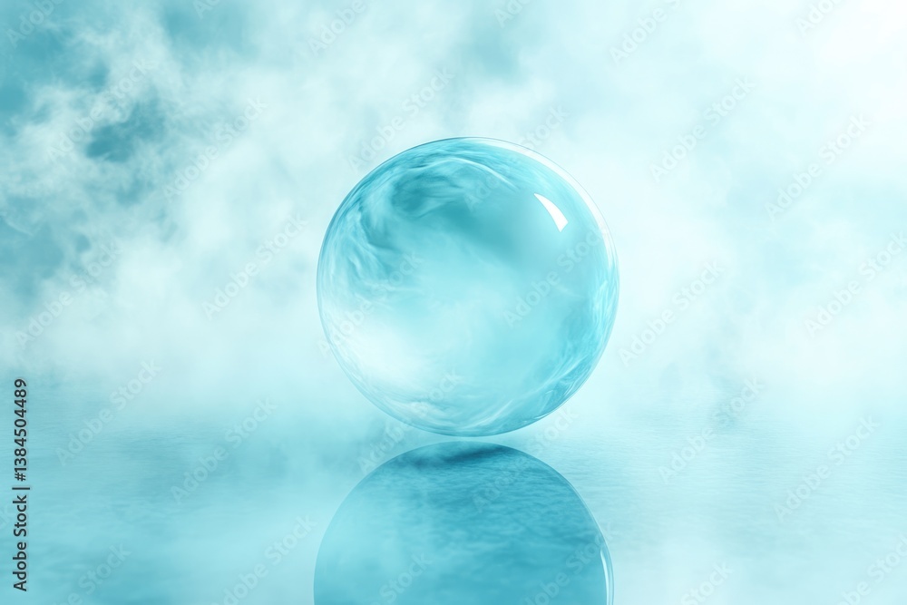 Poster a translucent cyan sphere rests on a reflective surface, surrounded by a soft, ethereal fog.