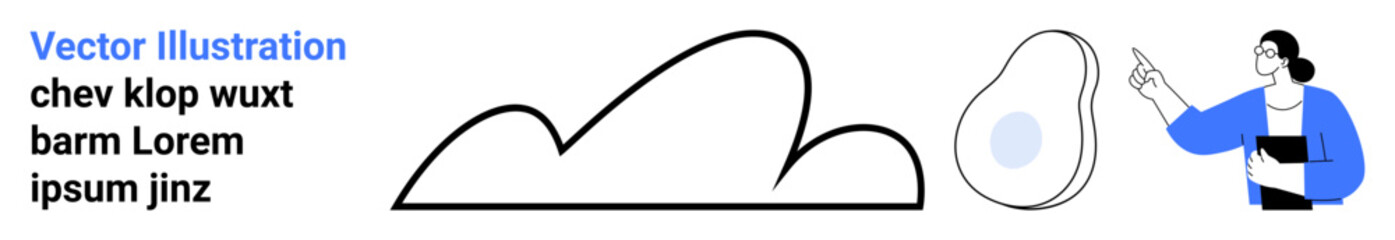 Person gestures towards abstract cloud line and avocado shape. Ideal for creativity, education, science, environment, collaboration, minimalism, simple landing page