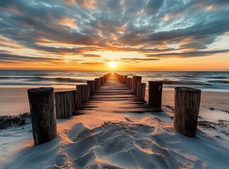 Beautiful beach with wooden breakers at sunset, golden light on the horizon and sky full of dramatic clouds. Wide angle photo taken from behind the gking post in front of camera. Beautiful summer day 