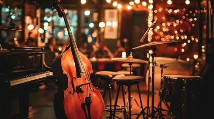 Double Bass in Dimly Lit Jazz Club at Night