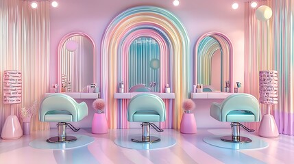 Fototapeta premium Dreamy Pastel Rainbow Salon Interior with Teal Chairs