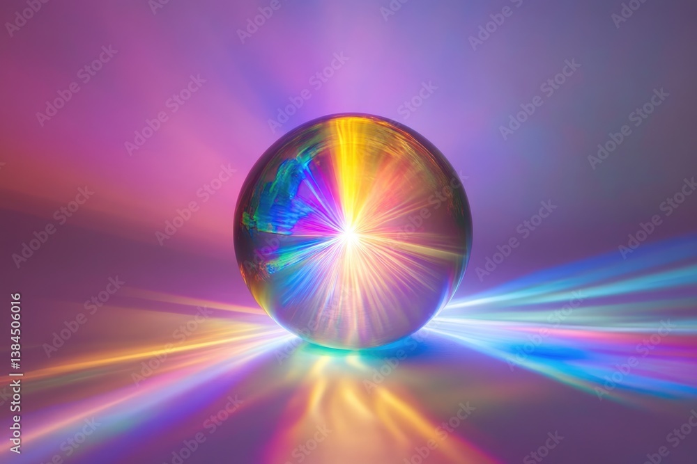 Poster a radiant iridescent sphere emits vibrant light rays, creating a mesmerizing and colorful spectacle.