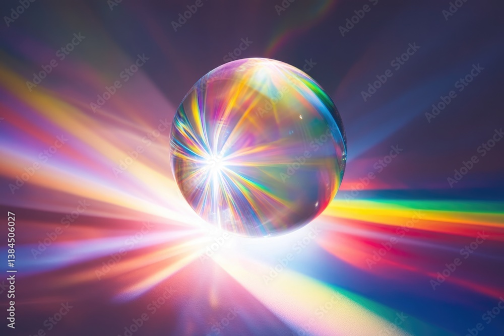 Poster a translucent sphere refracts light, creating vibrant rainbow rays and a radiant core.